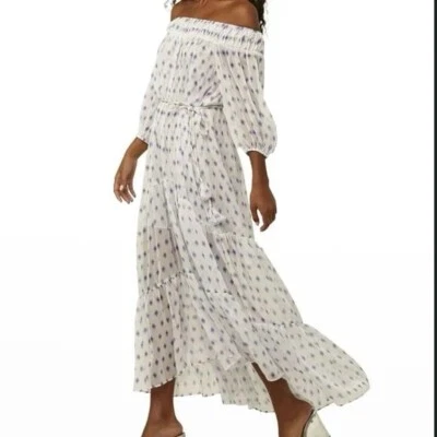 $430 Misa Women's White Artemis Off-the-Shoulder Belted Chiffon Dress Size L - Image 1 of 4