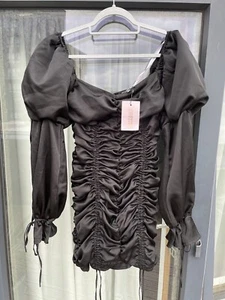 Missguided - Ruched Puff Sleeve Satin Mini Dress BNWT Was £38 - UK 10 - Picture 1 of 11