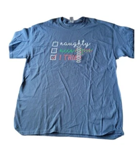 Neu ohne Etikett Gildan Weihnachten Herren Grafik T-Shirt blau ""Naughty, Nice, I Tried"" Gr. Lg - Bild 1 von 3