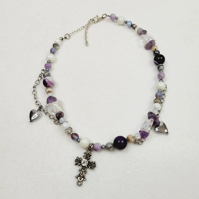 Amethyst Glass Beaded Choker Fashion Necklace 14"-16" Gothic Cross Pendant Stone - Image 1 of 4