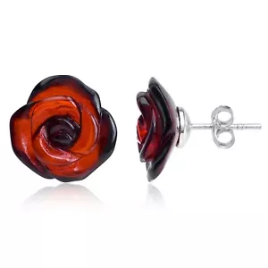 925 Solid Pure Sterling Silver Cherry Baltic Amber Designer Rose Stud Earrings - Picture 1 of 6