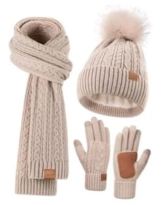 Winter Beanie Hat Scarf Gloves Set for Women, Pom Pom Beanie Fleece Oatmeal - Picture 1 of 8
