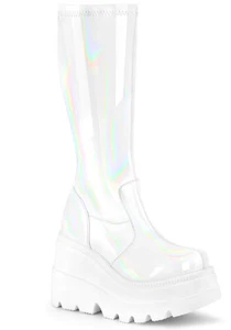 Pleaser Demonia 4 1/2 Inch Wedge Platform Stretch Knee High Boot, Back Zip - Picture 1 of 16