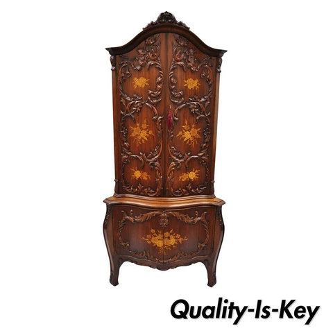 French Louis XV Style Small Walnut Satinwood Inlay Corner Curio China Cabinet Cover