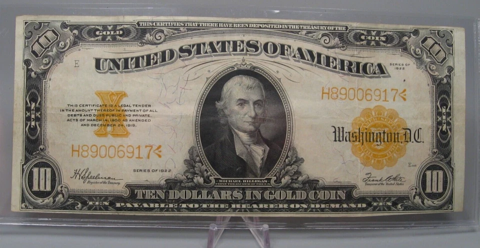 1922 Large $10 GOLD Certificate. Signers: Speelman/White. # H89006917 - Image 1 of 4