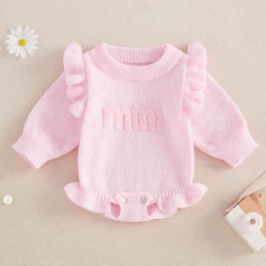 Newborn Girl Pink Knit Sweater Cute Ruffle Long Sleeve Romper Photoshoot Outfit - Picture 1 of 8