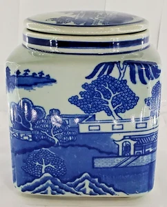 Vintage Blue Willow Ironstone Victoria Stoneware Tea Caddy Jar & Lid Canister - Picture 1 of 24