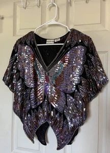 Vtg Star Group 80s Sequin Butterfly Top Silk Glam Fairycore Womens M/L - Picture 1 of 9