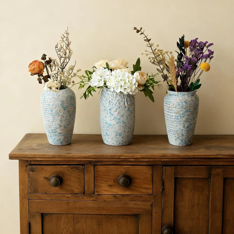 Juego de jarrones de cerámica vintage - Trío de cerámica azul y blanco hecho a mano de 6,7 pulgadas con S... Foto 1 de 1