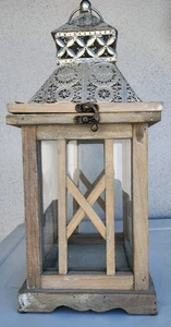 Rustic 15” Tall Wooden Lantern W/ Black Metal Top Glass Panel Sides - Picture 1 of 4