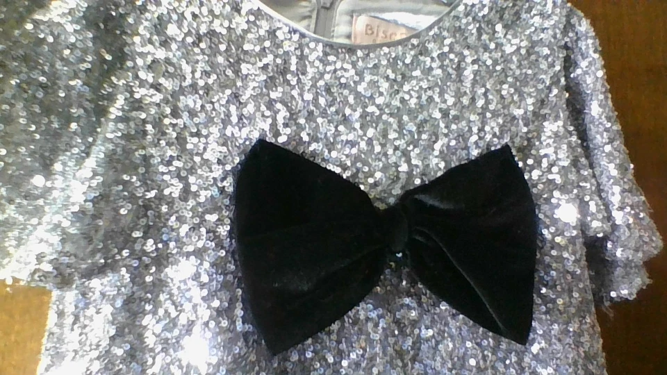 SILVER BLING Biscotti Collezion Sequin Dress Girls Sz 8 Lined Black Bow SSlv - Image 1 of 4