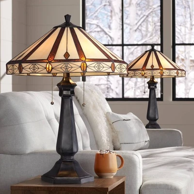 Robert Louis Tiffany Derrica 25" Bronze Art Glass Table Lamps Set of 2 - Image 1 of 4