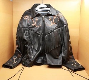 Vintage Force Damen Leder Motorrad Jacke Gr. 20 Biker Fransen schwarz mit Rosen - Bild 1 von 14