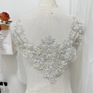 Lace Beaded Sequin Applique Patch Embroidered Collar Chest Back Trimmings Crafts - Picture 1 of 8