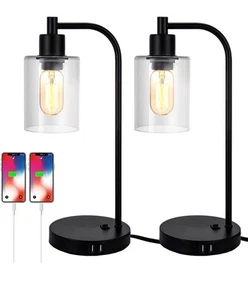 Industrial Table Lamp for Bedroom (Set of 2) with USB Port, with Glass Shade - Picture 1 of 7
