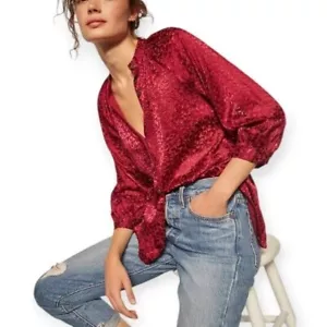 Blusa Top Abotonada de Terciopelo Burnout Floral Roja Susanna de Anthropologie Talla S - Imagen 1 de 8
