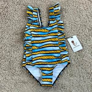 LIONFISH KIDS Blue Yellow Striped Ruffle One-Piece Swimming Suit Girls 3T - Picture 1 of 10