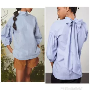 NWT Cara Cara Diane Striped Balloon Sleeve Ribbon Tie Blouse Blue White Small - Picture 1 of 12