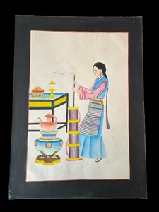Tibetan Tibet Art Female Woman Folk Art Drawing Colored Asian 11 x 9 Original - Picture 1 of 8
