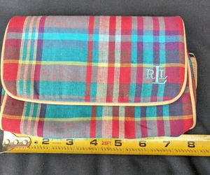 Vintage Ralph Lauren Makeup Toiletry Bag 1990s Red Blue Plaid 8”x 5”x 2” Pockets - Picture 1 of 5