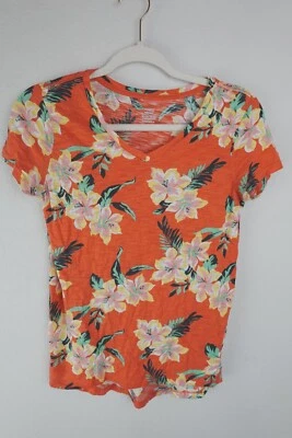 Old Navy Shirt Girls XL Sz 14 Orange Floral V-Neck Short Sleeve Soft Cotton Tee - Image 1 of 3
