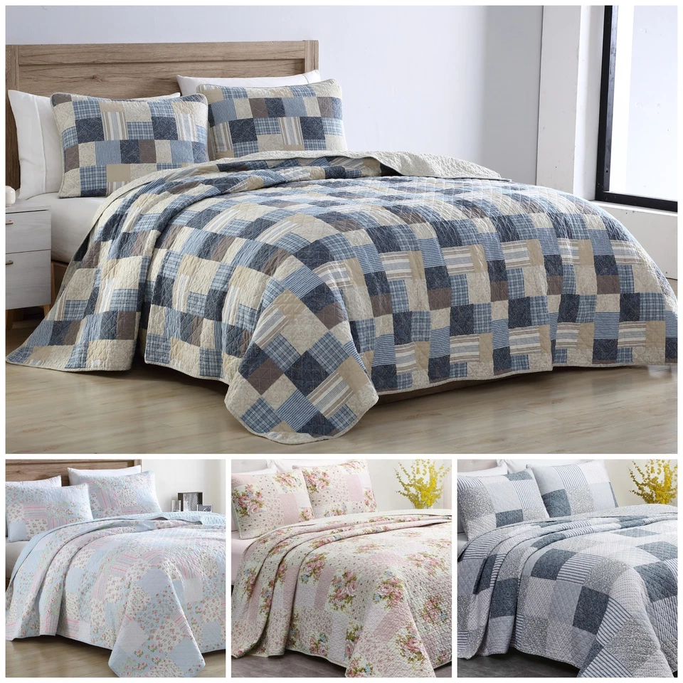 Conjunto de colcha de retalhos de algodão lavado estampado Chezmoi Collection - Imagem 1 de 4