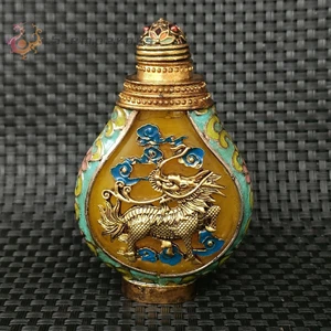 Antike Kupfer Schnupftabakflasche doppelseitig Schnitzerei Schnupftabakdose Cloisonné Mongolisch - Bild 1 von 5