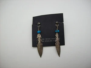 Navajo Sterling Silver Feather Turquoise Earrings, Dangle - Picture 1 of 14
