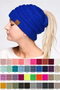 New Exclusive C.C Beanie tail Ponytail Messy Bun Solid Ribbed Knit CC Beanie Hat - Picture 1 of 26