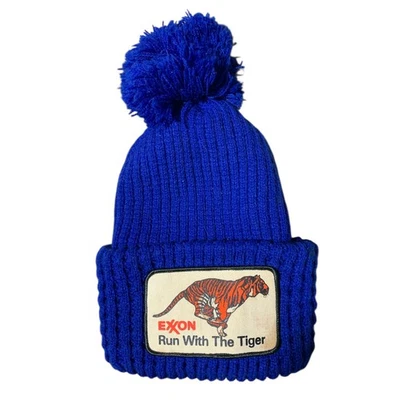 De colección Exxon Gorro Unisex Tigre Gas Parche Tejido con Azul Pom Azul Años 70 Era Foto 1 de 2
