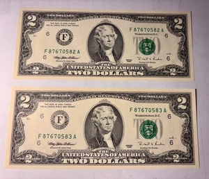  1995 Two Dollar Bill F Series  Set -  Uncirculated -Sequential Serial Numbers - Picture 1 of 4