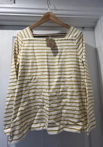 Joules White & Mustard Square Neck Breton Striped Top - Size 12 BNWT - Picture 1 of 6