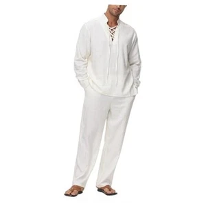 Mens 2 Pieces Cotton Linen Set Long Sleeve Shirts Casual Drawstring Yoga - Picture 1 of 6