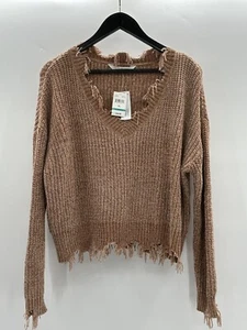 NWT BELLE du Jour Fringed BOHO V Neck Sweater Beige Size XL - Picture 1 of 8