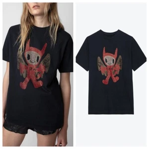 Women French Zadig&Voltaire Cartoon Rhinestone Letter Short Sleeve T-Shirt S M L - Picture 1 of 17
