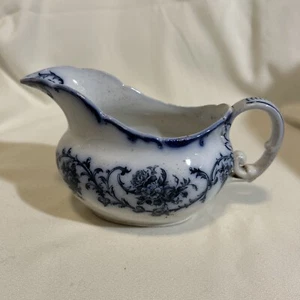 Vintage Flow Blue & White Pottery Gravy Boat Floral Porcelain Cauldron England - Picture 1 of 9