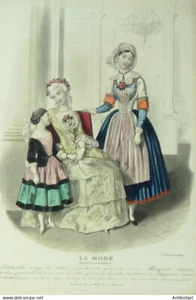 Gravure La mode 1850 n°2 Robes de fêtes (travestissement) - Picture 1 of 1