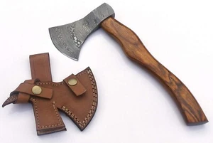 Custom Handmade Damascus Steel Hunting Axe with Beautiful Rose Wood Handle - Picture 1 of 4