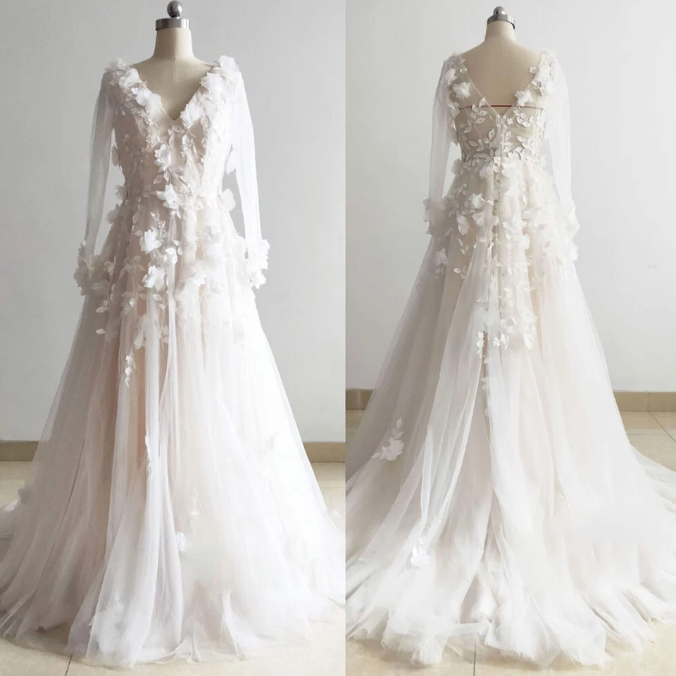 Ivory Lace Floral Wedding Dress Short Train 3D Lace Long Sleeves Wedding Gowns - Image 1 of 4