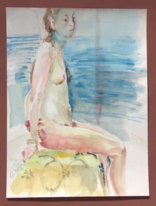 Nude Pink young female model woman sit 1997 Aquarel Watercolor Painting uframed - Picture 1 of 3