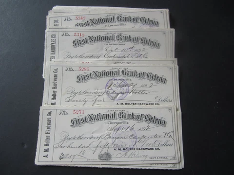 Lot of 100 Old 1892 - A.M. HOLTER HARDWARE - BANK CHECKS - HELENA MONTANA Cover