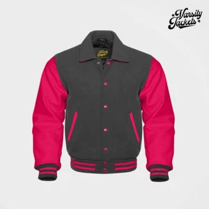 Dark Gray body Hot Pink Sleeves Pro Varsity Jacket Letterman Baseball College - Picture 1 of 5