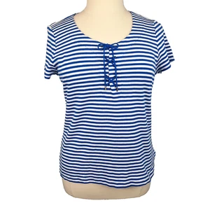 Chaps Top Womens Large Blue White Stripes Lace Up Cotton Knit Nautical Preppy - Picture 1 of 10