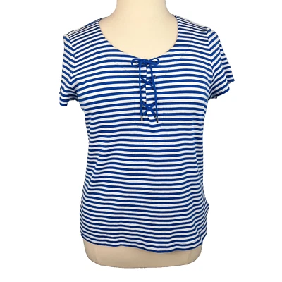Top Chaps Mujer Grande Azul Blanco Rayas Con Cordones Algodón Tejido Náutico Preppy Foto 1 de 4