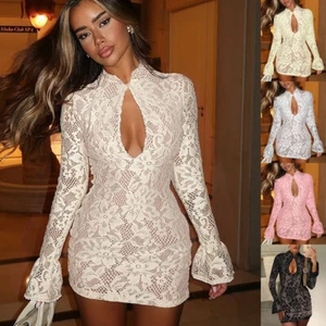 SEXY Women Long Sleeve Ladies Cut Out Lace Bodycon Mini Dress Party Dresses SIZE - Picture 1 of 41