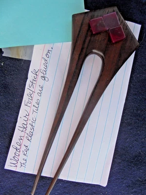 Wood Hair Pick/Comb/Stick 5.75" Embellished with Red Tiles - Image 1 of 4