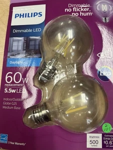 2er Pack Philips 60 Watt Äquivalent Tageslicht G25 Dimmbar Globe LED Glühbirne E26 - Bild 1 von 1