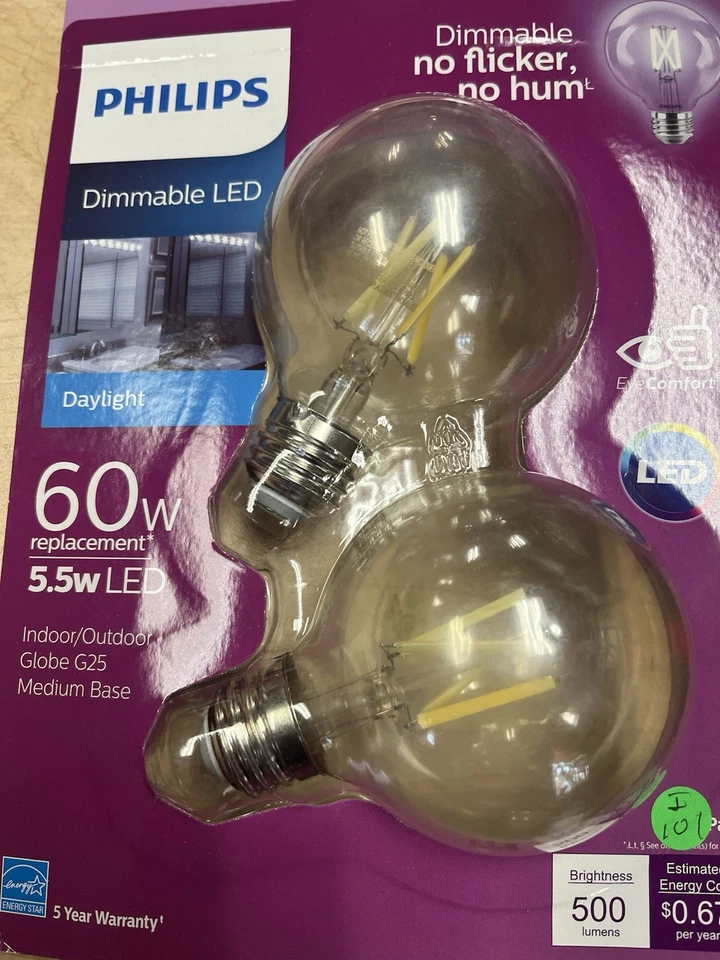 2 pack Philips 60-Watt Equivalent Daylight G25 Dimmable Globe LED Light Bulb E26 - Image 1 of 1