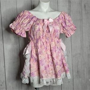 Babydoll contadina vintage rosa pizzo floreale Cottagecore Fairycore top, taglia S/M - Foto 1 di 5