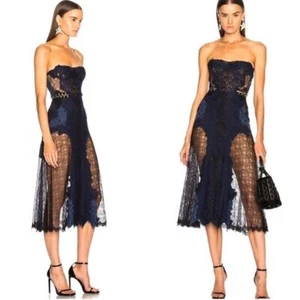 Nuevo con etiquetas Vestido Jonathan Simkhai Ojal Lariat Encaje Bustier Midi Sin Tirantes Azul 6 - Imagen 1 de 16
